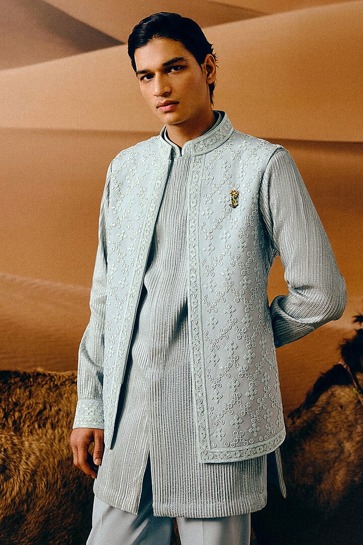 Ice Blue Silk Wool Blend Glass Bead Hand Embroidered Nehru Jacket Set by Amaare at Pernia's Pop Up Shop