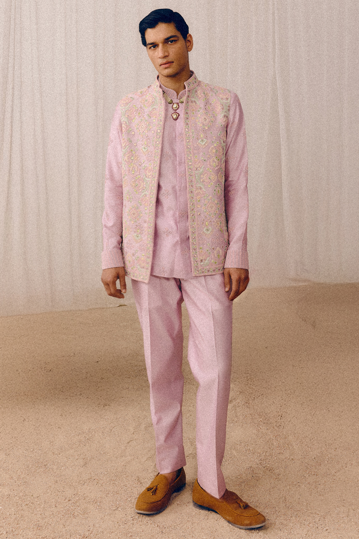 Lilac Raw Silk & Chanderi Sequins Hand Embroidered Nehru Jacket Set by Amaare