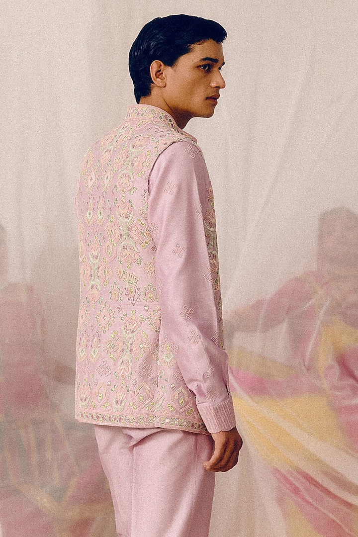 Lilac Raw Silk & Chanderi Sequins Hand Embroidered Nehru Jacket Set by Amaare at Pernia's Pop Up Shop