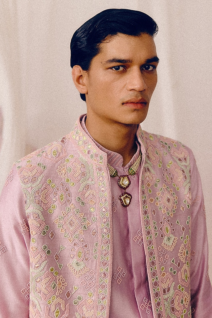 Lilac Raw Silk & Chanderi Sequins Hand Embroidered Nehru Jacket Set by Amaare at Pernia's Pop Up Shop