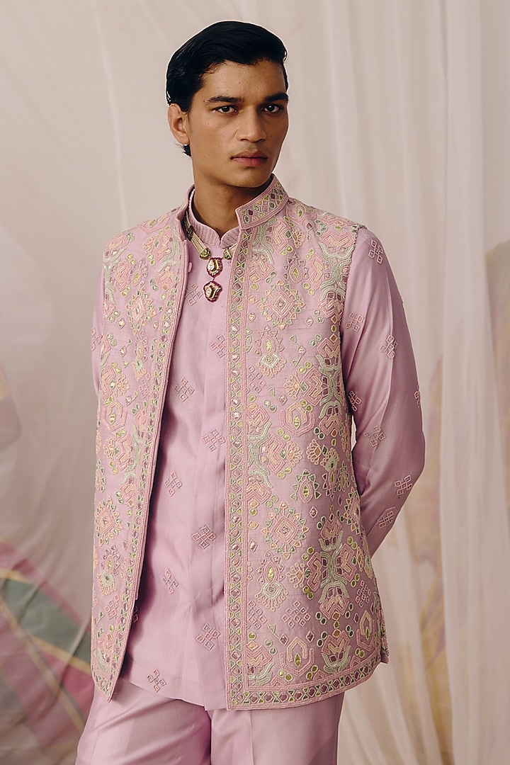 Lilac Raw Silk & Chanderi Sequins Hand Embroidered Nehru Jacket Set by Amaare at Pernia's Pop Up Shop