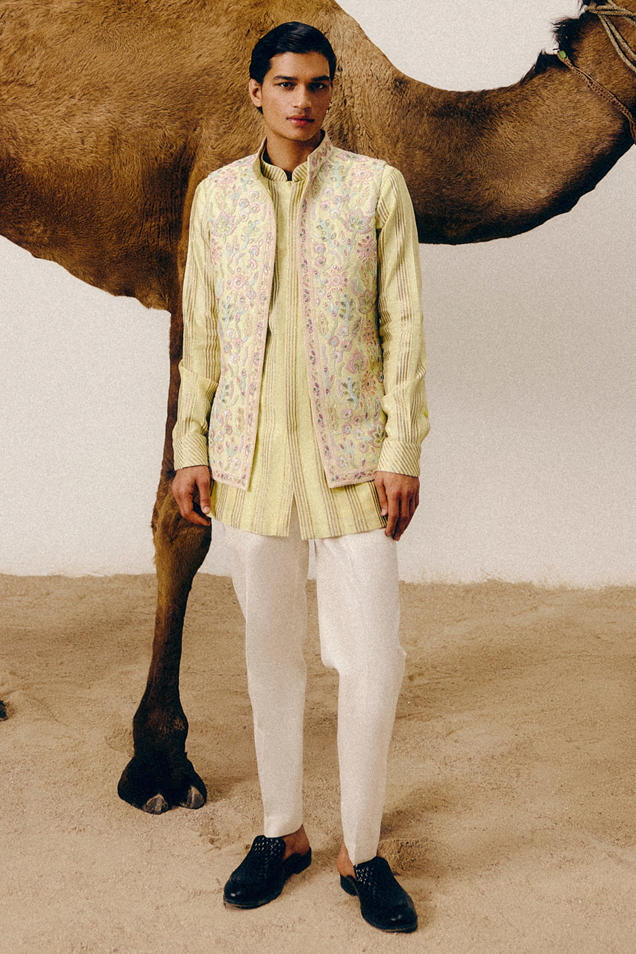 Lemon Raw Silk & Chanderi Sequins Hand Embroidered Nehru Jacket Set by Amaare