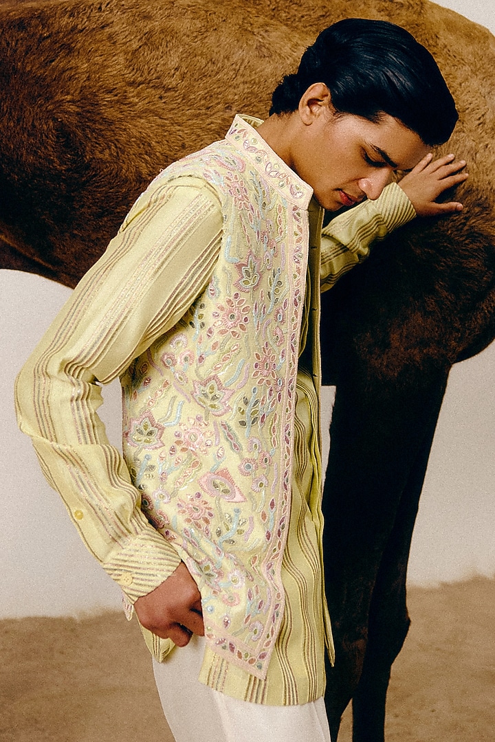 Lemon Raw Silk & Chanderi Sequins Hand Embroidered Nehru Jacket Set by Amaare at Pernia's Pop Up Shop