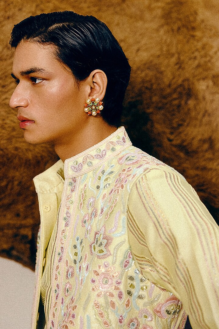 Lemon Raw Silk & Chanderi Sequins Hand Embroidered Nehru Jacket Set by Amaare at Pernia's Pop Up Shop
