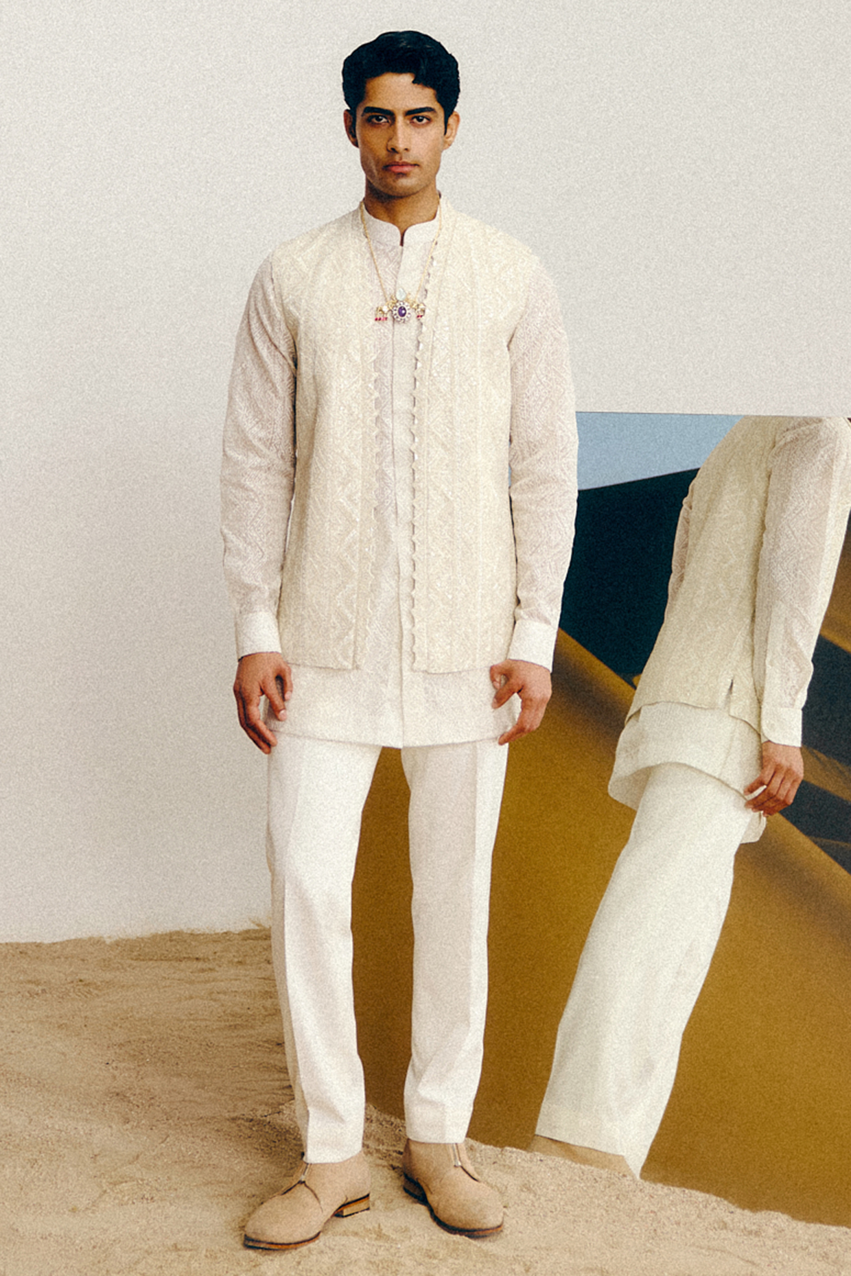 Ivory Silk Wool Blend Sequins Embroidered Nehru Jacket Set by Amaare
