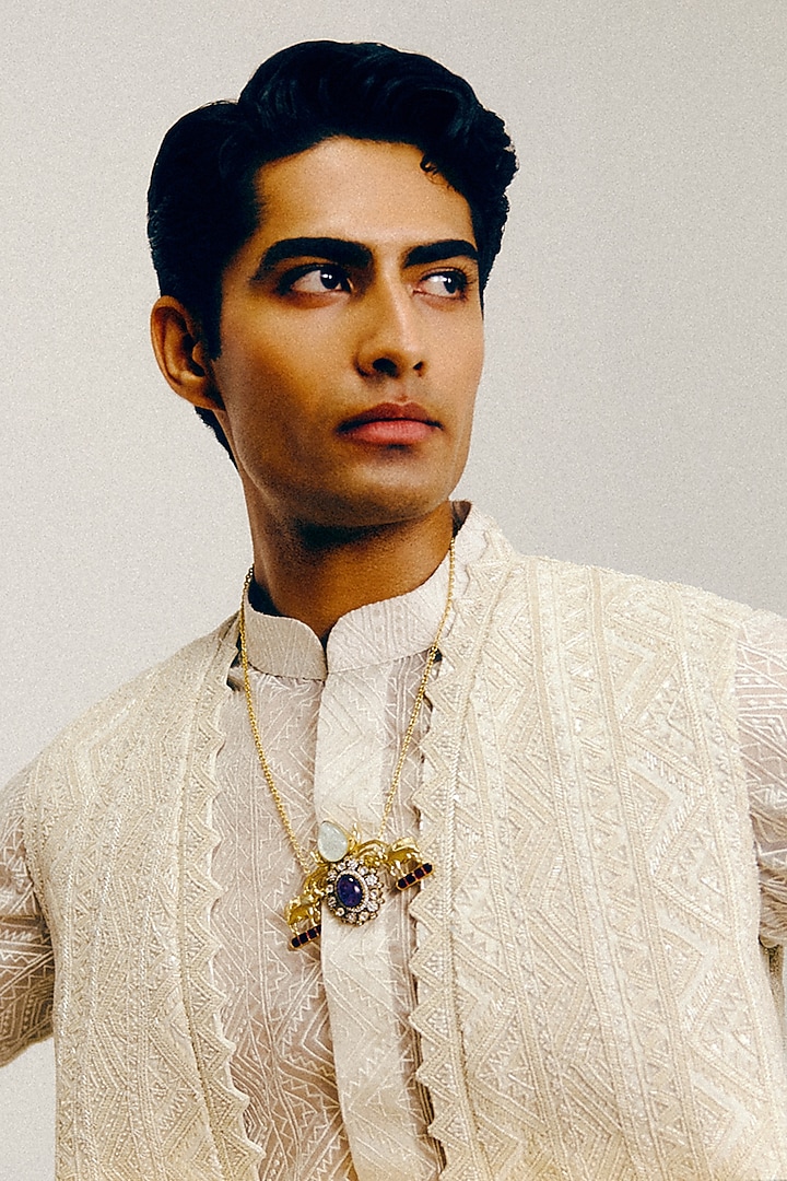 Ivory Silk Wool Blend Sequins Embroidered Nehru Jacket Set by Amaare at Pernia's Pop Up Shop