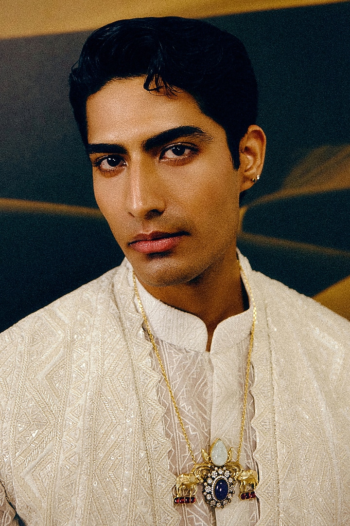 Ivory Silk Wool Blend Sequins Embroidered Nehru Jacket Set by Amaare at Pernia's Pop Up Shop
