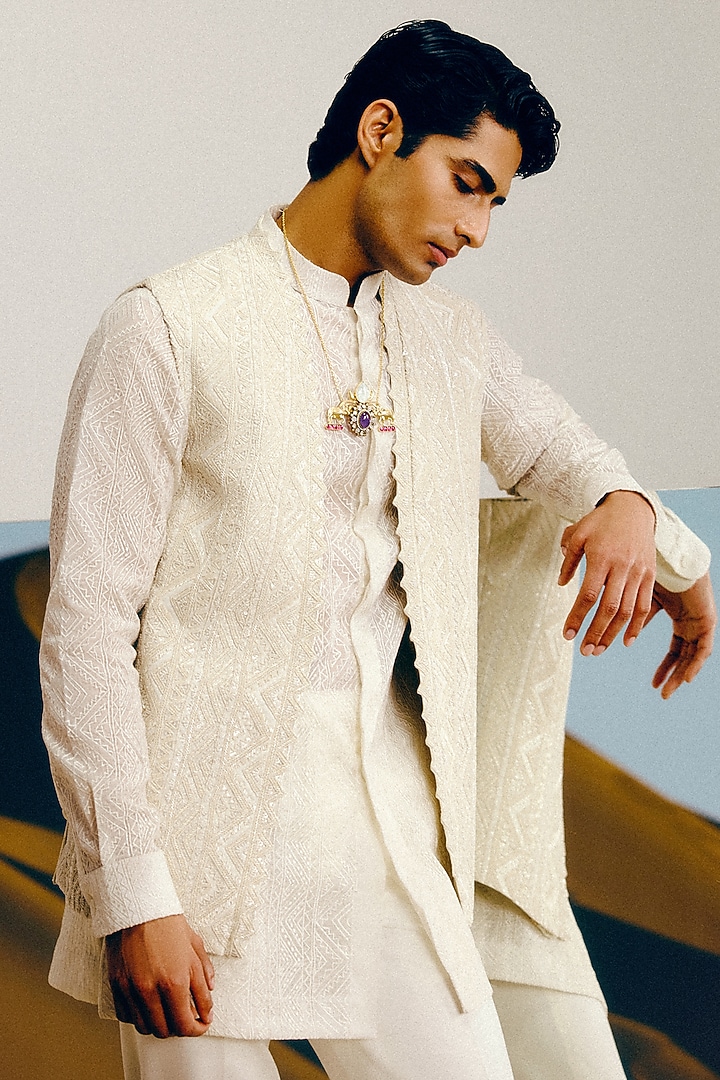 Ivory Silk Wool Blend Sequins Embroidered Nehru Jacket Set by Amaare at Pernia's Pop Up Shop