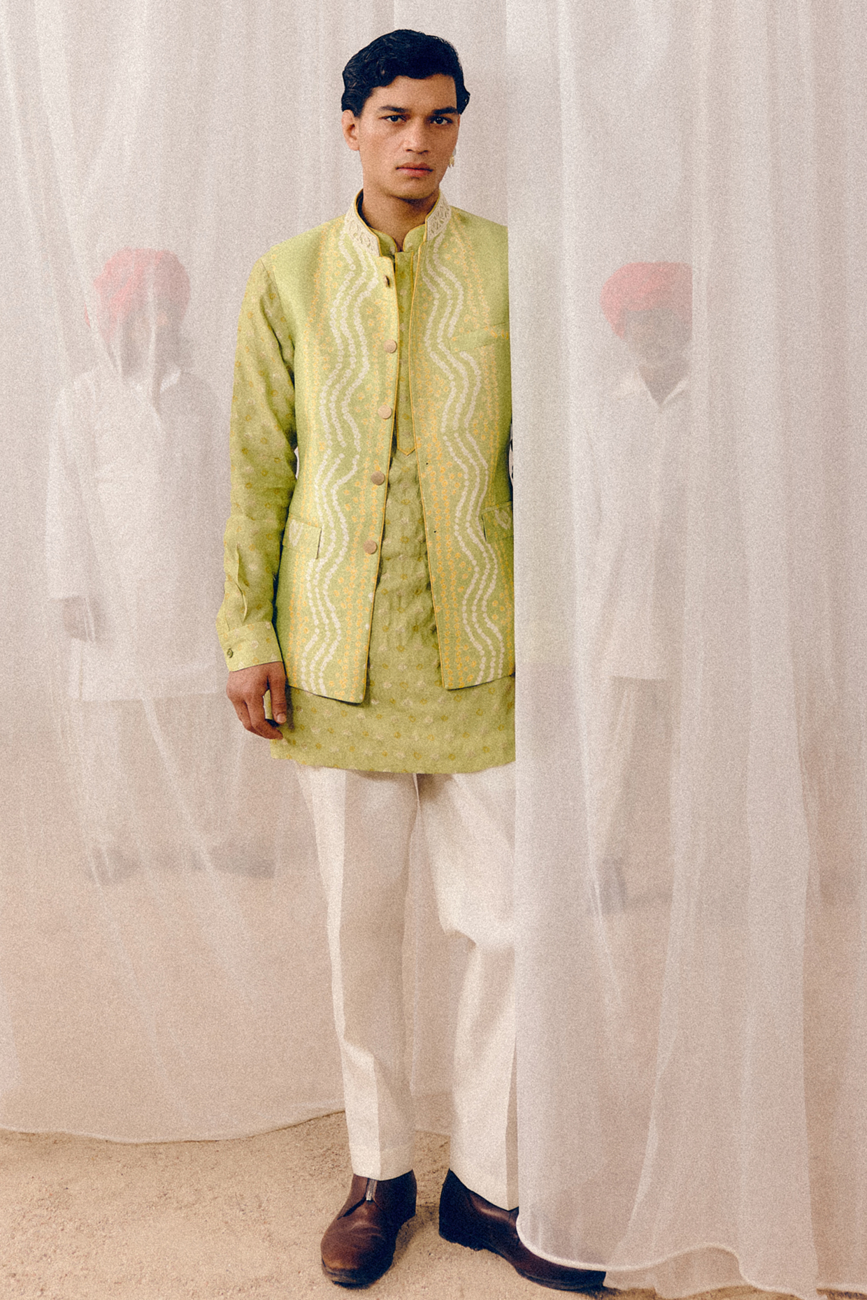 Mint Green Gajji Silk & Dobby Silk Dabka Hand Embroidered Nehru Jacket Set by Amaare