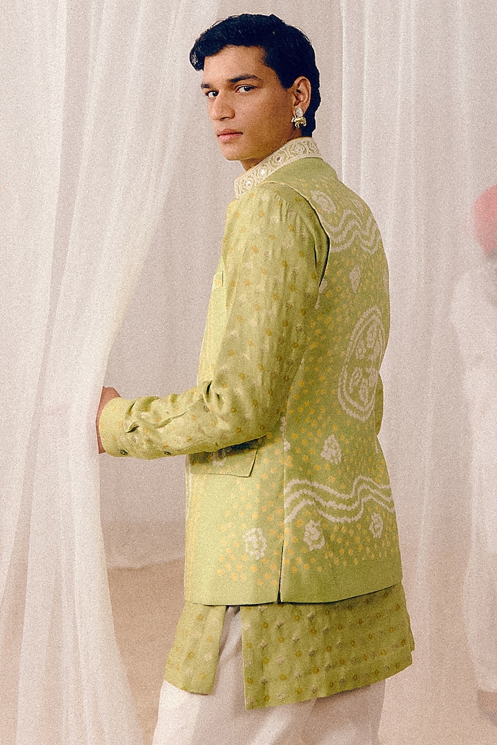 Mint Green Gajji Silk & Dobby Silk Dabka Hand Embroidered Nehru Jacket Set by Amaare at Pernia's Pop Up Shop