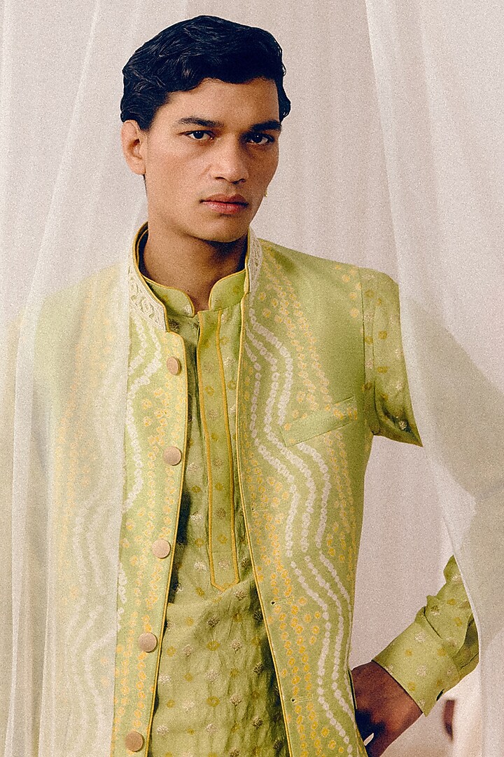 Mint Green Gajji Silk & Dobby Silk Dabka Hand Embroidered Nehru Jacket Set by Amaare at Pernia's Pop Up Shop