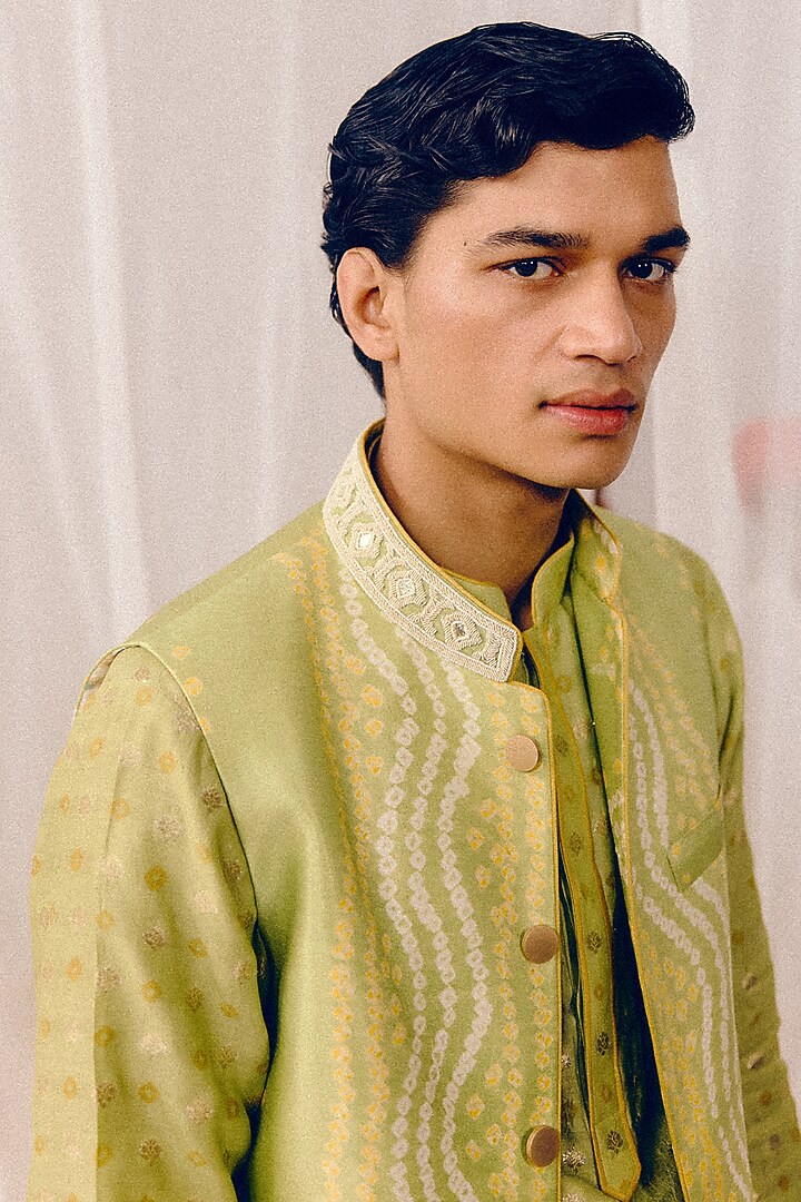 Mint Green Gajji Silk & Dobby Silk Dabka Hand Embroidered Nehru Jacket Set by Amaare at Pernia's Pop Up Shop