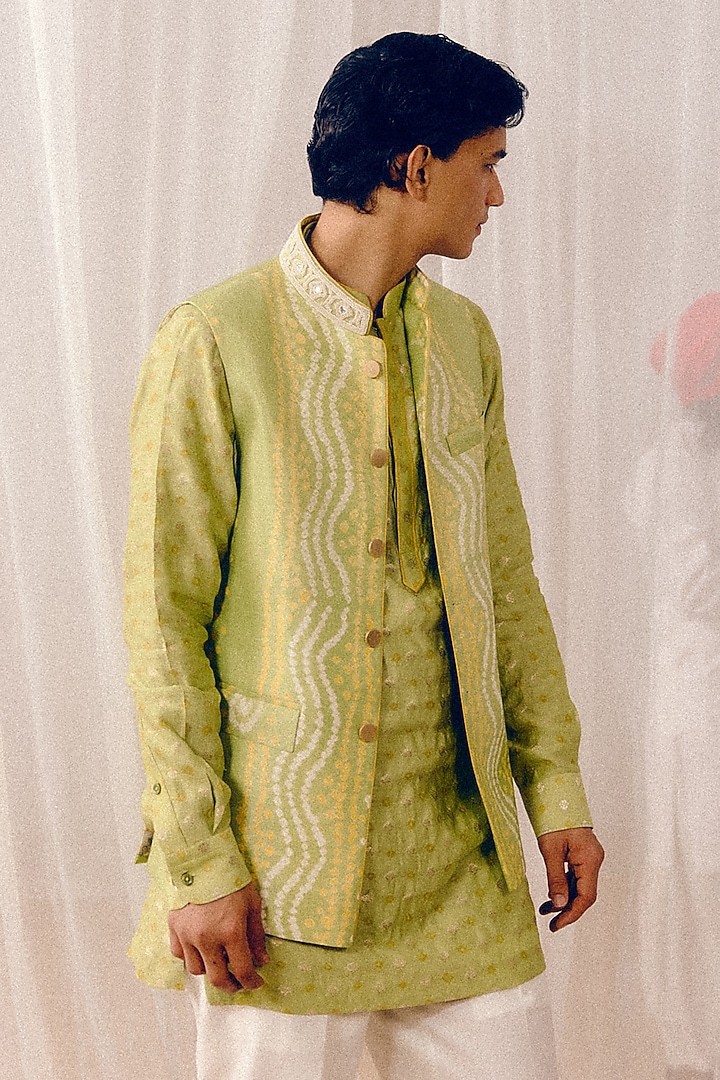 Mint Green Gajji Silk & Dobby Silk Dabka Hand Embroidered Nehru Jacket Set by Amaare at Pernia's Pop Up Shop