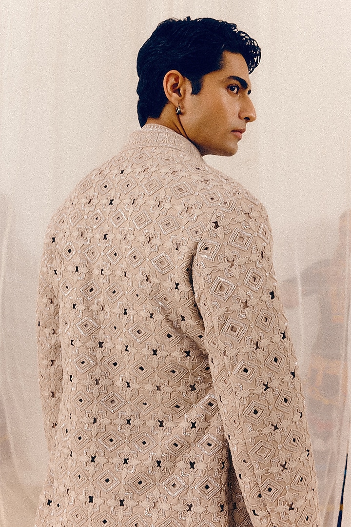 Dusty Mauve Tulle Thread Hand Embroidered Groom Bandhgala Set by Amaare at Pernia's Pop Up Shop