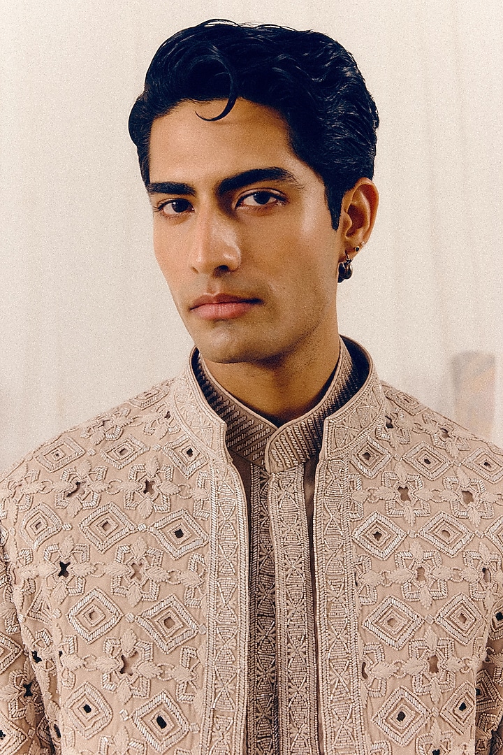 Dusty Mauve Tulle Thread Hand Embroidered Groom Bandhgala Set by Amaare at Pernia's Pop Up Shop