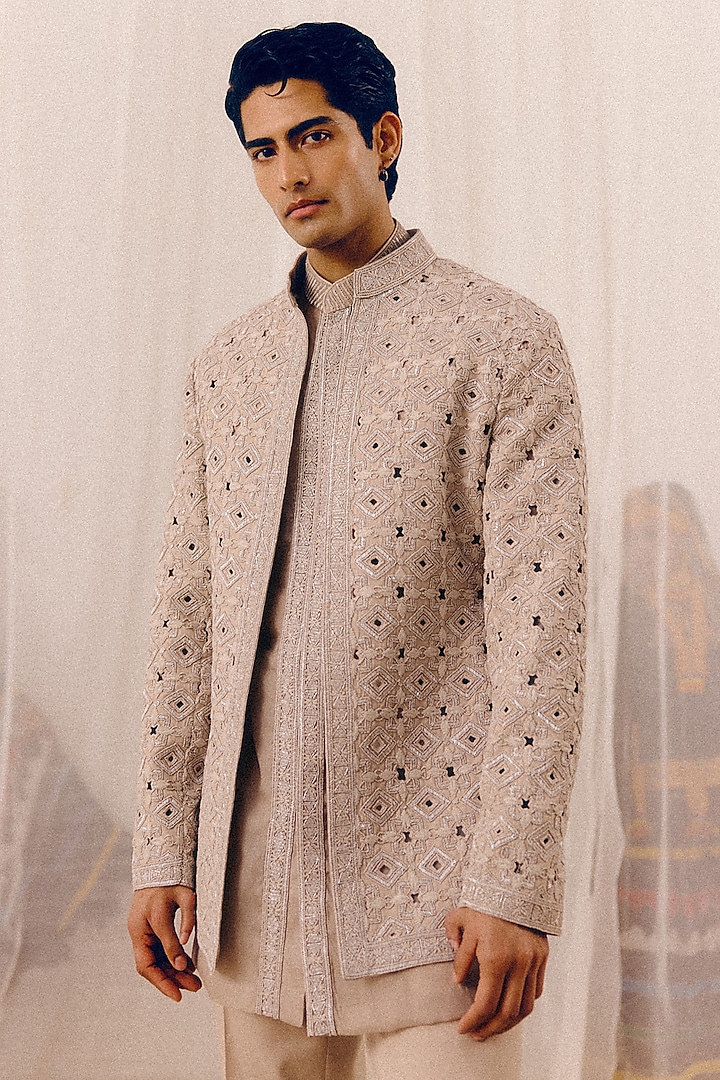 Dusty Mauve Tulle Thread Hand Embroidered Groom Bandhgala Set by Amaare at Pernia's Pop Up Shop
