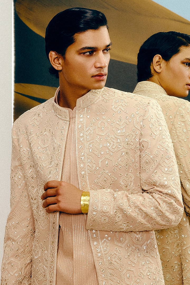 Golden Beige Silk Wool Blend Gota Patti Hand Embroidered Groom Bandhgala Set by Amaare at Pernia's Pop Up Shop