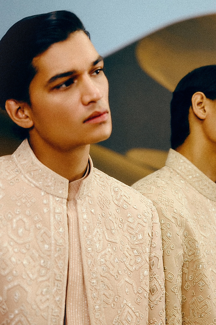 Golden Beige Silk Wool Blend Gota Patti Hand Embroidered Groom Bandhgala Set by Amaare at Pernia's Pop Up Shop