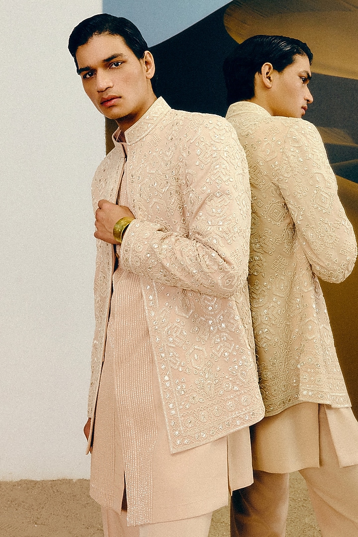 Golden Beige Silk Wool Blend Gota Patti Hand Embroidered Groom Bandhgala Set by Amaare at Pernia's Pop Up Shop