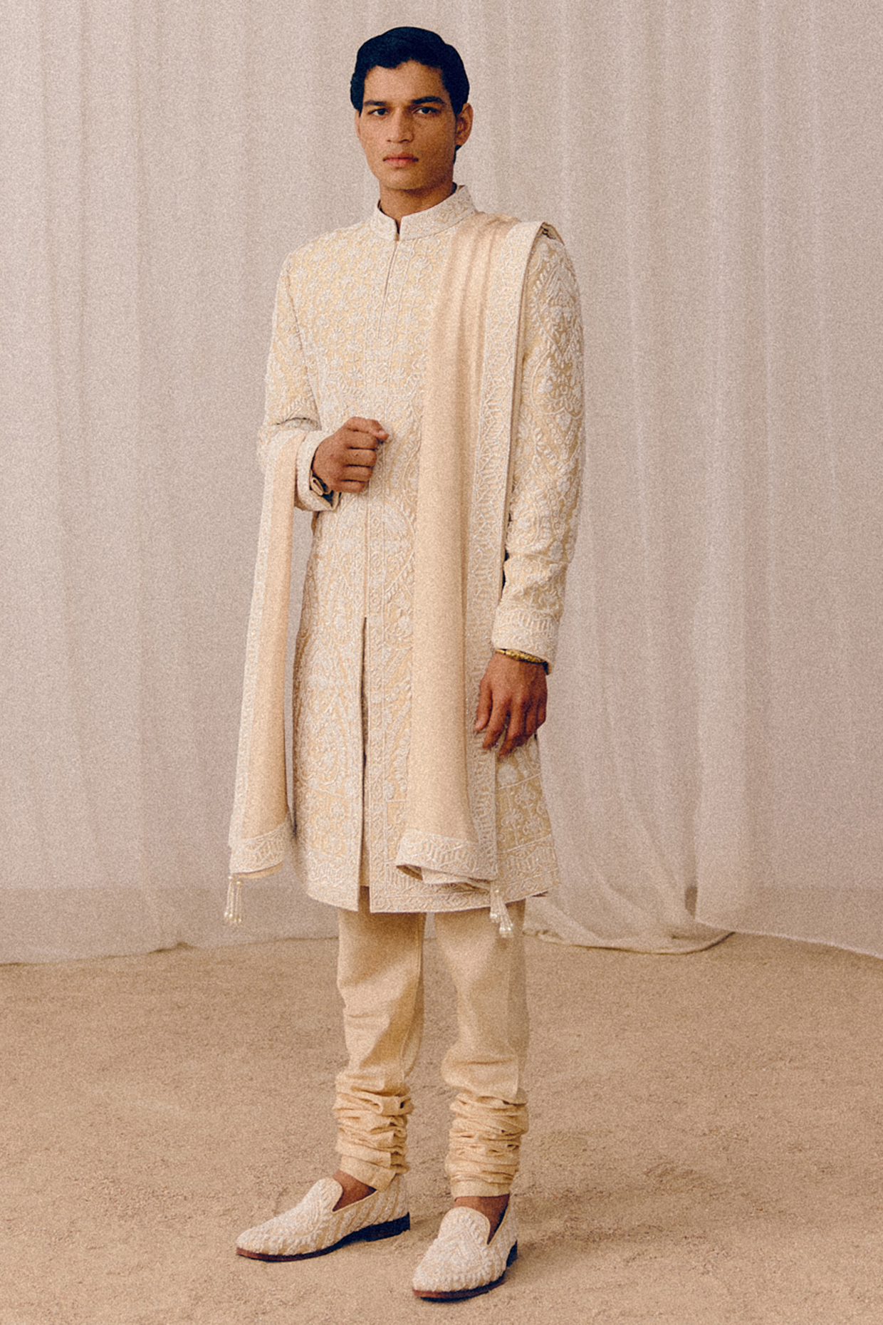 Golden Beige Raw Silk Sequins Hand Embroidered Sherwani Set by Amaare