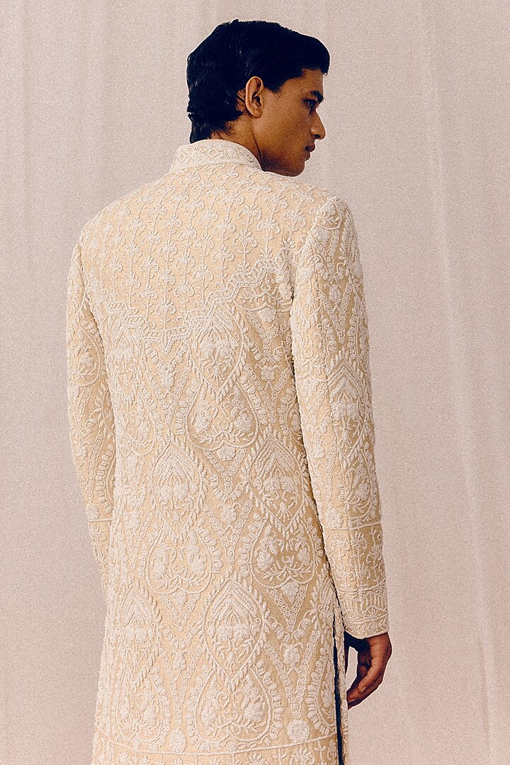 Golden Beige Raw Silk Sequins Hand Embroidered Groom Sherwani Set by Amaare at Pernia's Pop Up Shop