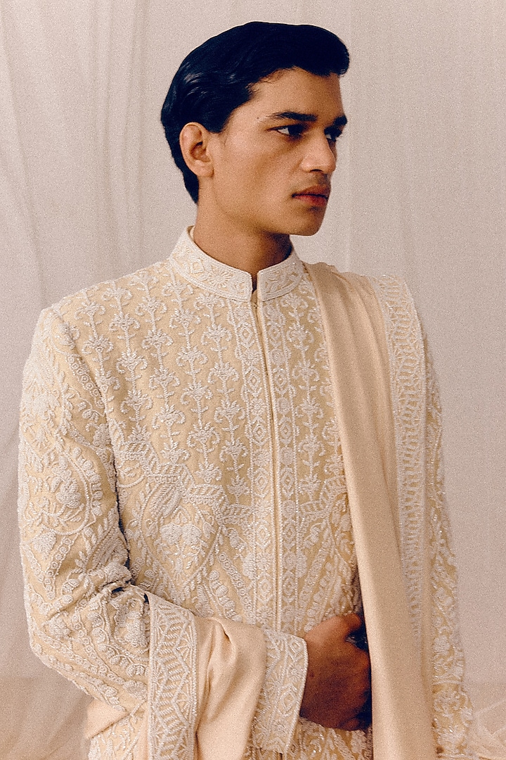 Golden Beige Raw Silk Sequins Hand Embroidered Groom Sherwani Set by Amaare at Pernia's Pop Up Shop