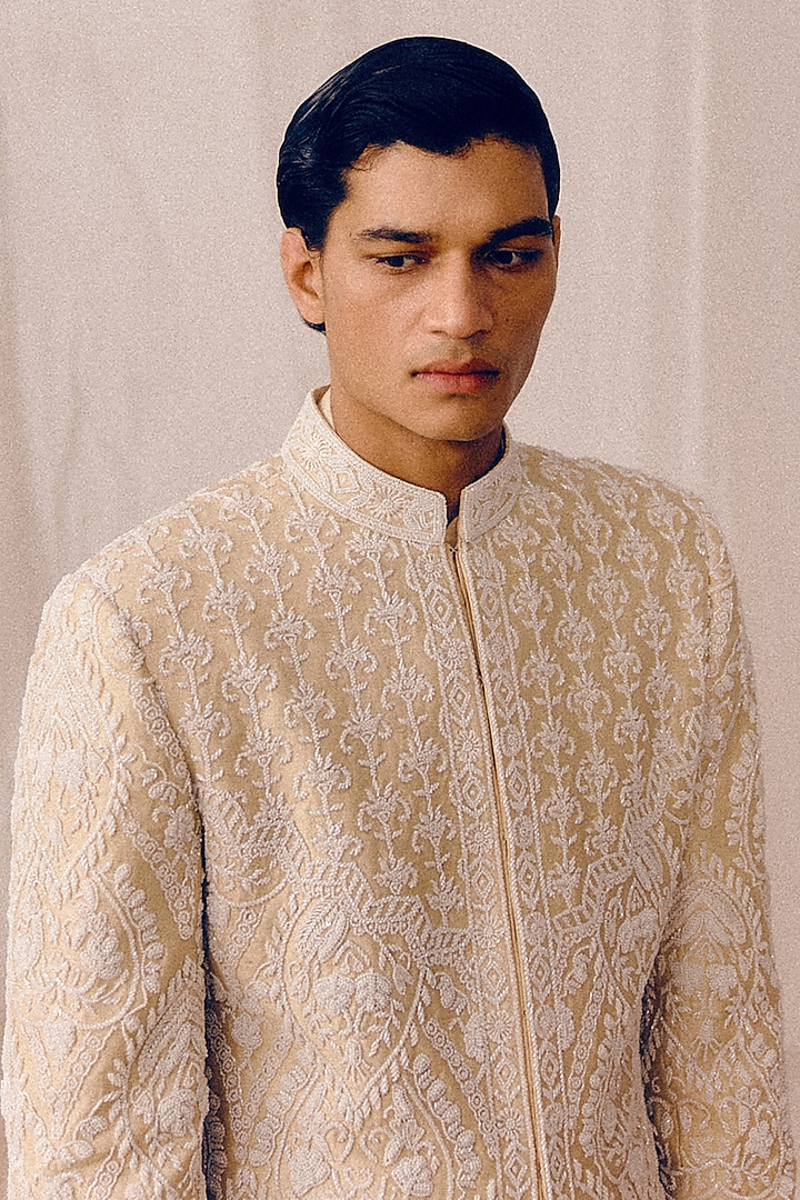 Golden Beige Raw Silk Sequins Hand Embroidered Groom Sherwani Set by Amaare at Pernia's Pop Up Shop