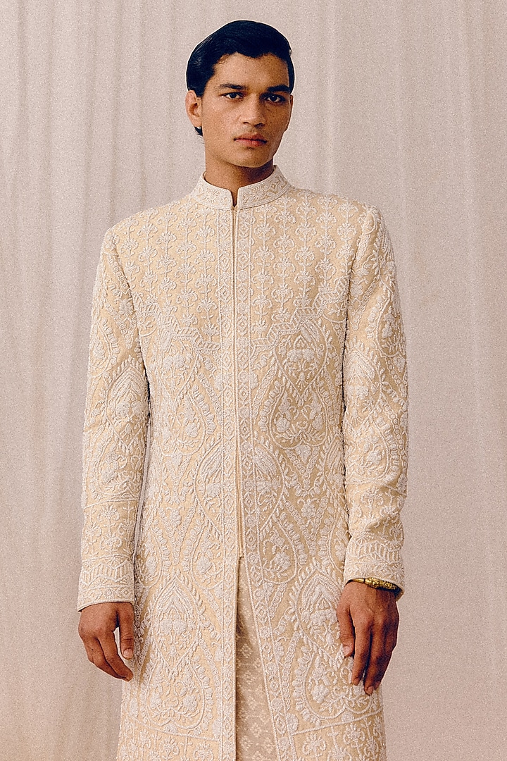 Golden Beige Raw Silk Sequins Hand Embroidered Groom Sherwani Set by Amaare at Pernia's Pop Up Shop