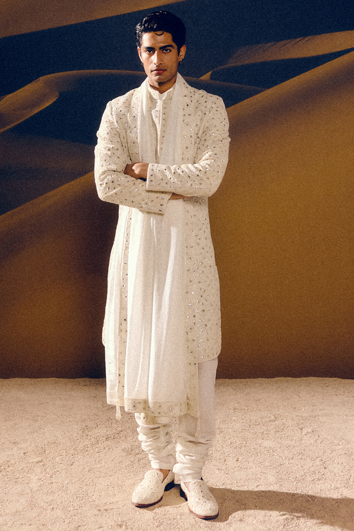 Ivory Raw Silk Gota Patti Hand Embroidered Sherwani Set by Amaare