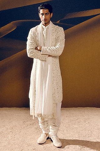 Ivory Raw Silk Gota Patti Hand Embroidered Sherwani Set by Amaare