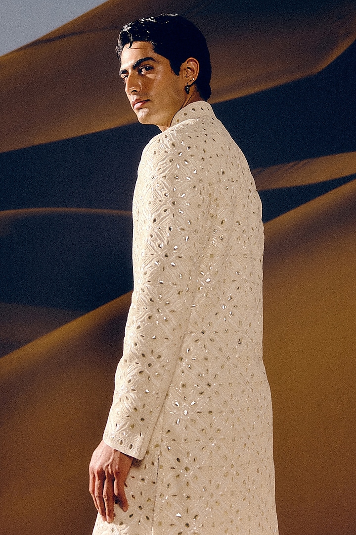 Ivory Raw Silk Gota Patti Hand Embroidered Groom Sherwani Set by Amaare at Pernia's Pop Up Shop