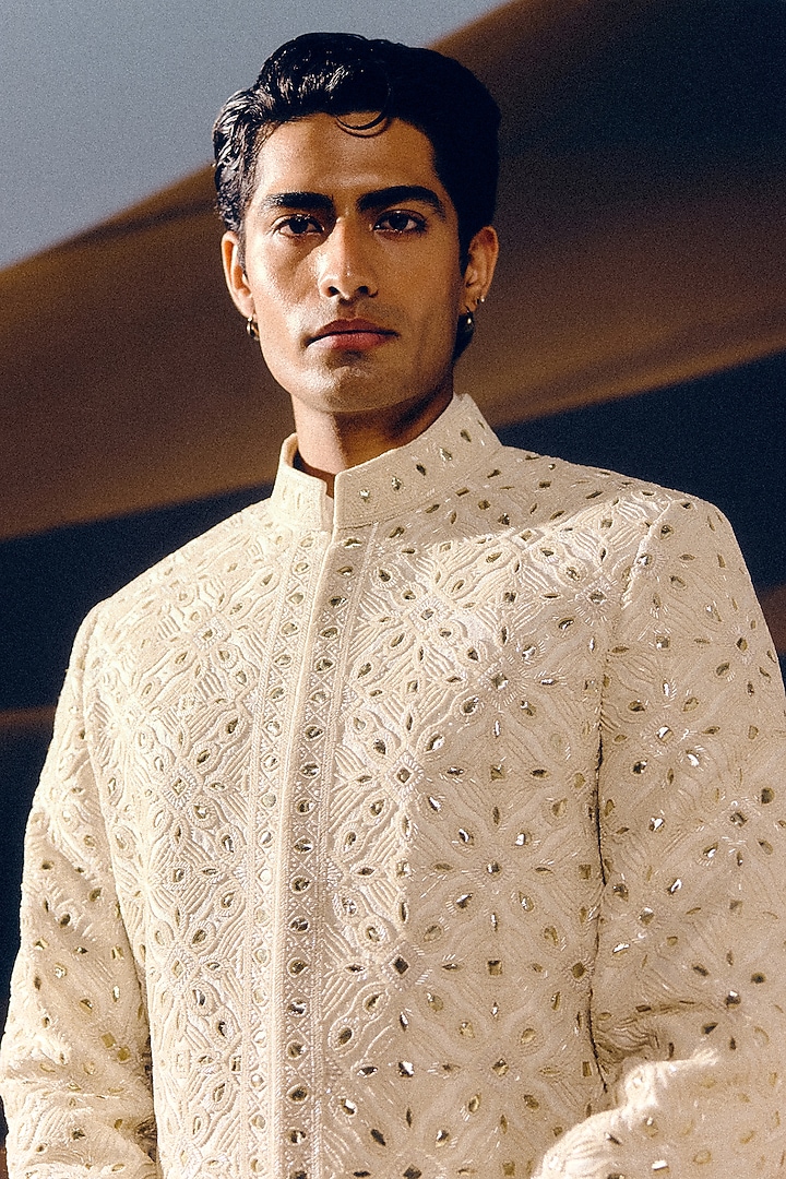 Ivory Raw Silk Gota Patti Hand Embroidered Groom Sherwani Set by Amaare at Pernia's Pop Up Shop