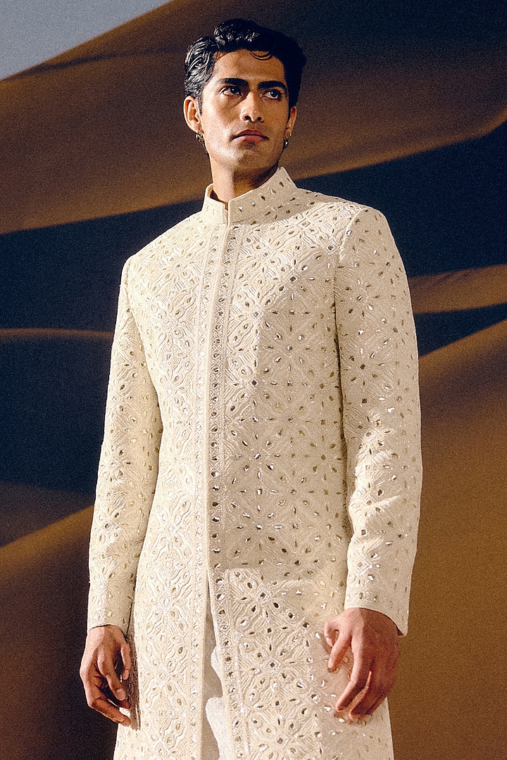 Ivory Raw Silk Gota Patti Hand Embroidered Groom Sherwani Set by Amaare at Pernia's Pop Up Shop