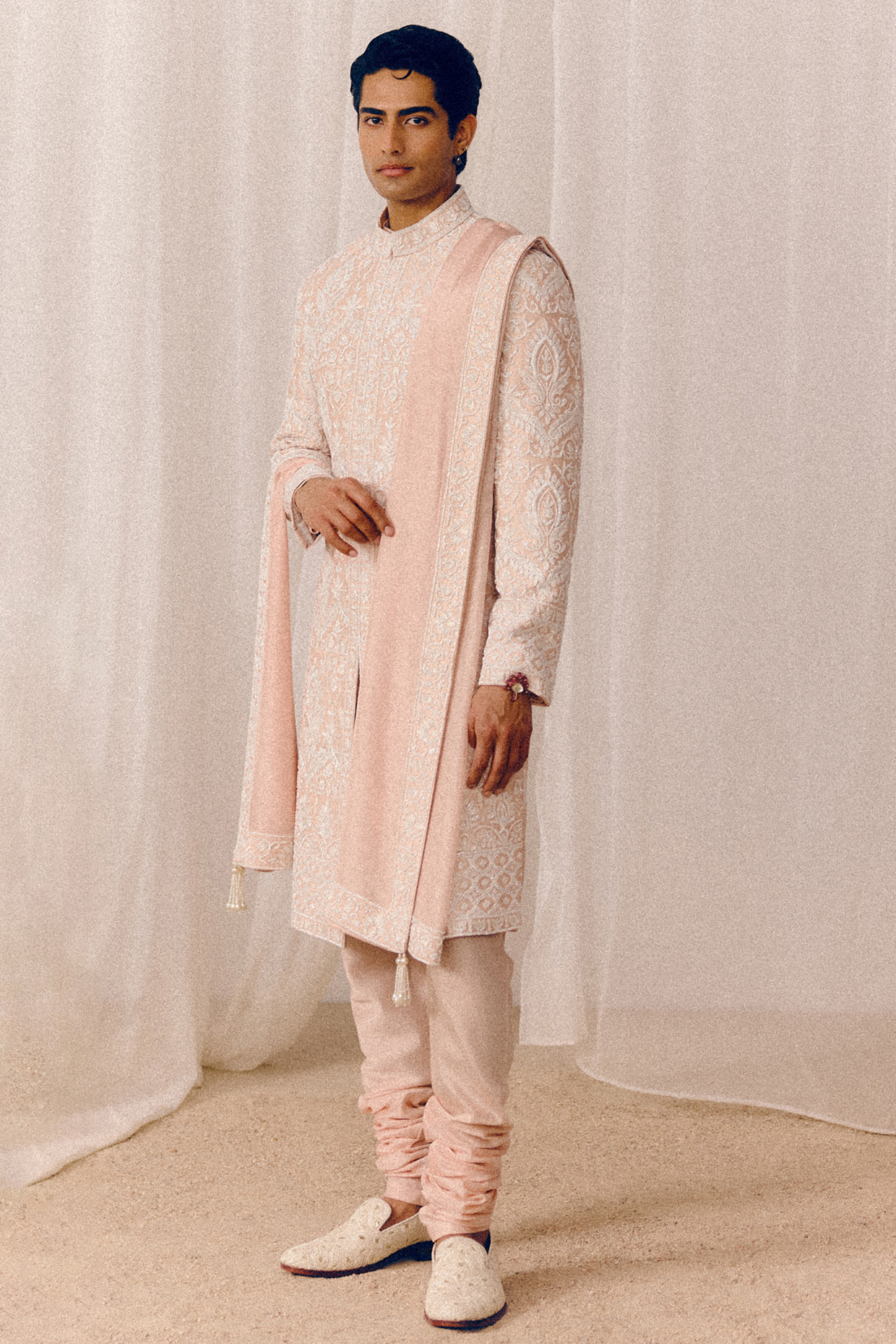 Peachy Pink Raw Silk Sequins Hand Embroidered Sherwani Set by Amaare