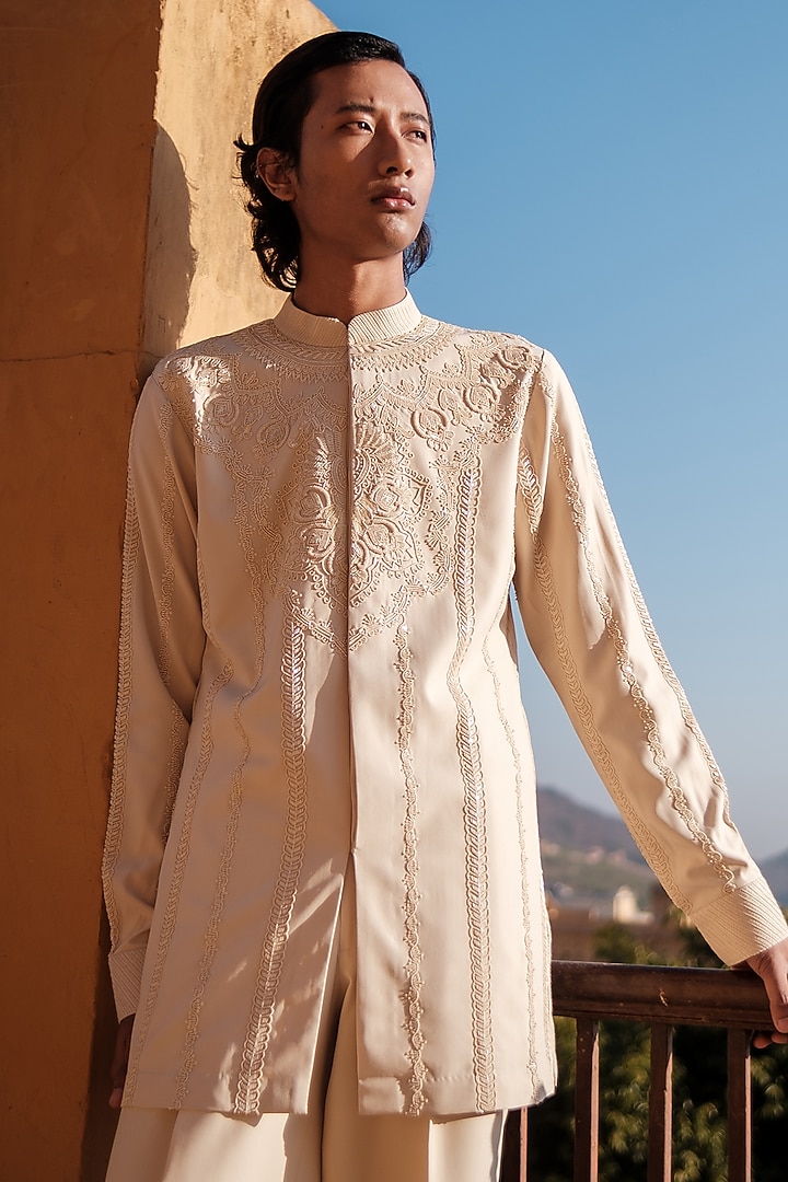 Beige Cotton Silk blend Sequins Hand Embroidered Kurta Set by Amaare at Pernia's Pop Up Shop