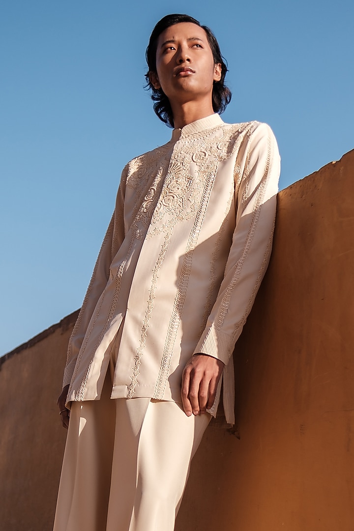 Beige Cotton Silk blend Sequins Hand Embroidered Kurta Set by Amaare at Pernia's Pop Up Shop