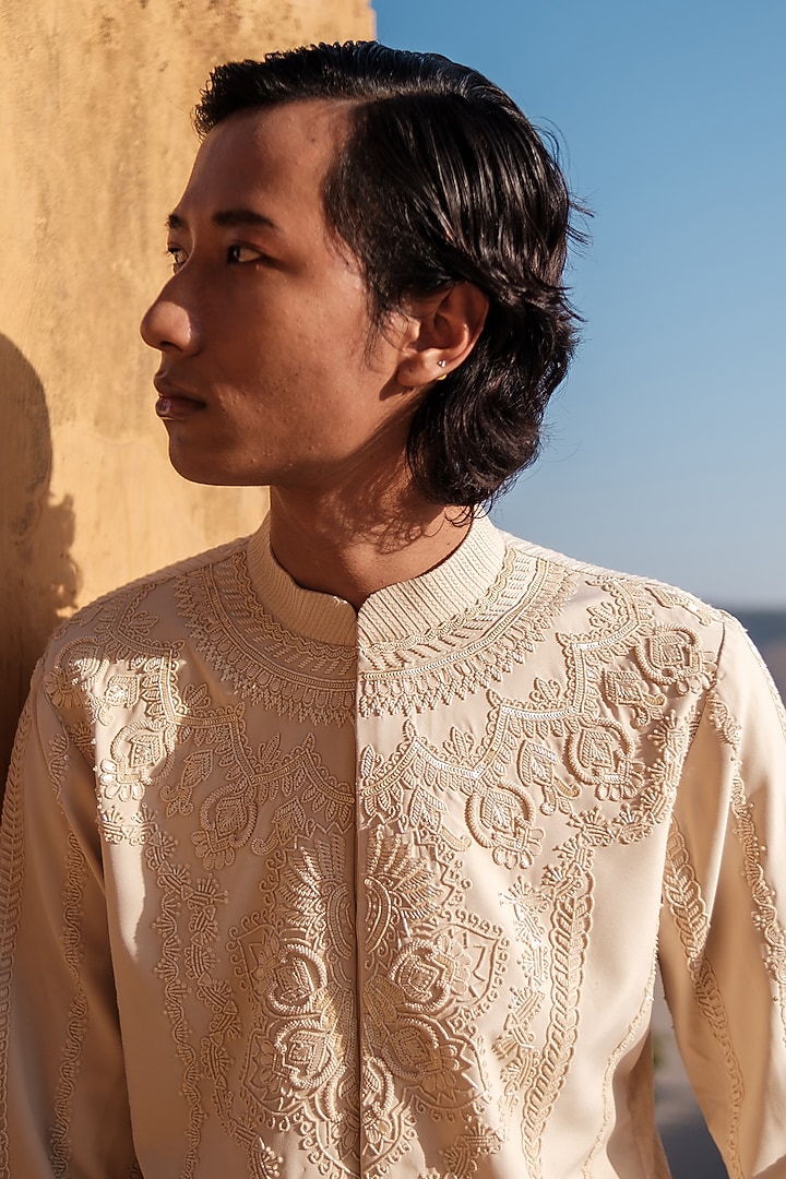Beige Cotton Silk blend Sequins Hand Embroidered Kurta Set by Amaare at Pernia's Pop Up Shop
