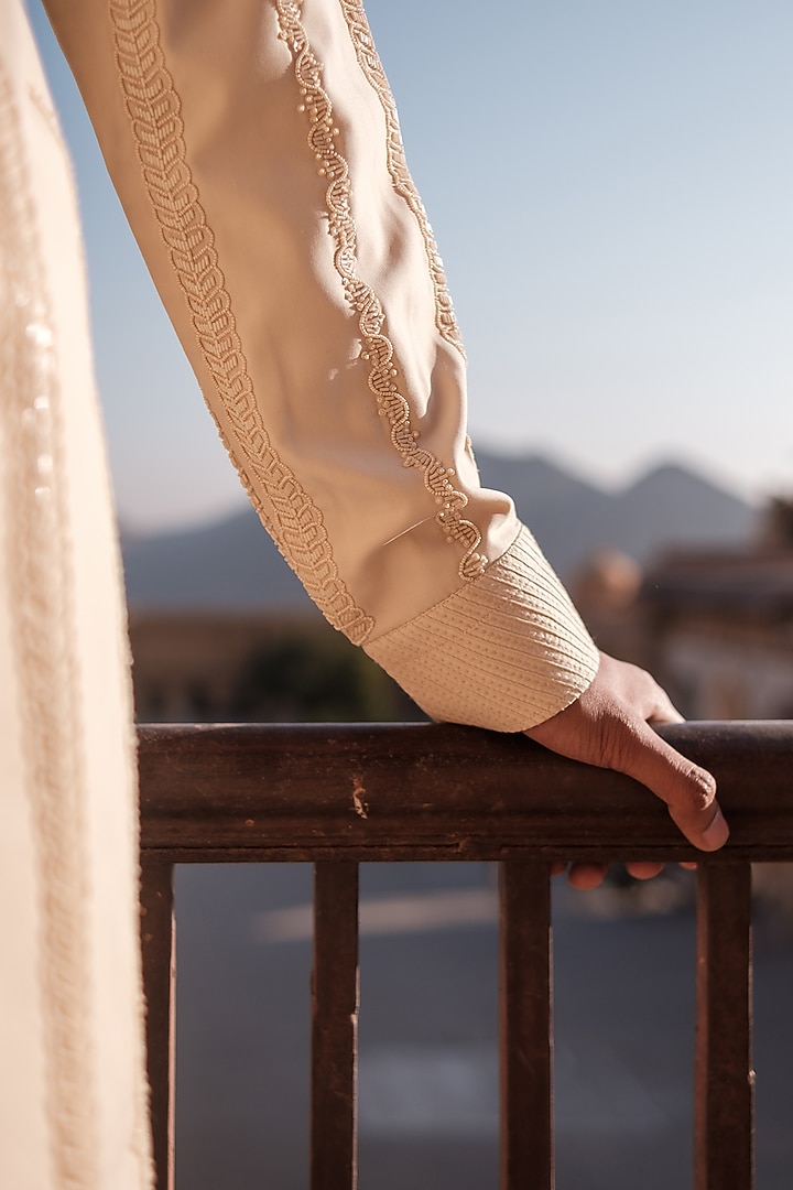Beige Cotton Silk blend Sequins Hand Embroidered Kurta Set by Amaare at Pernia's Pop Up Shop
