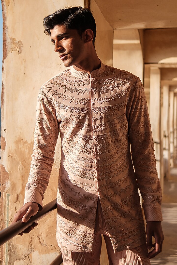 Rose Pink Cotton Silk blend Sequins Embroidered Kurta Set by Amaare at Pernia's Pop Up Shop