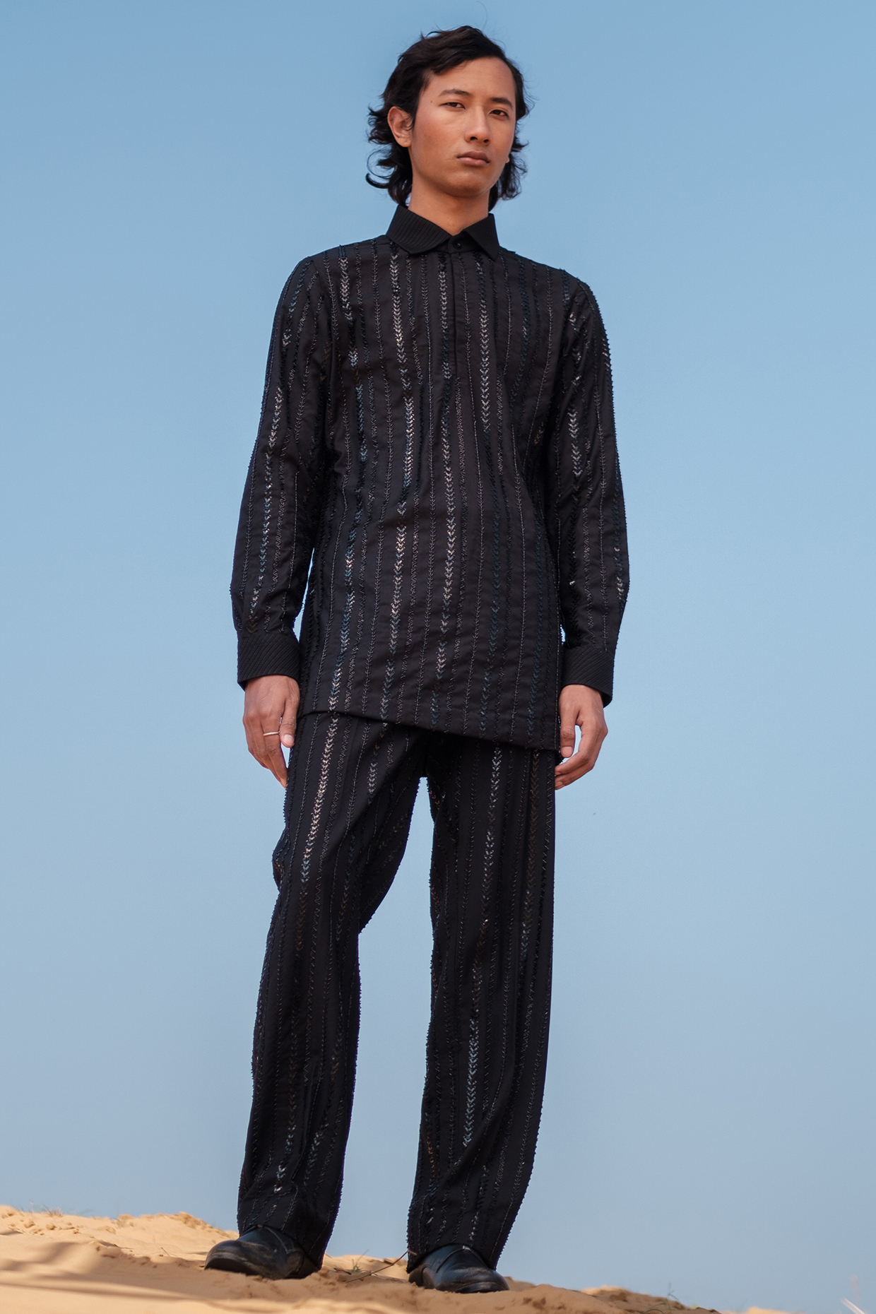 Black Cotton Silk blend Glass Beads Embroidered Kurta Set by Amaare