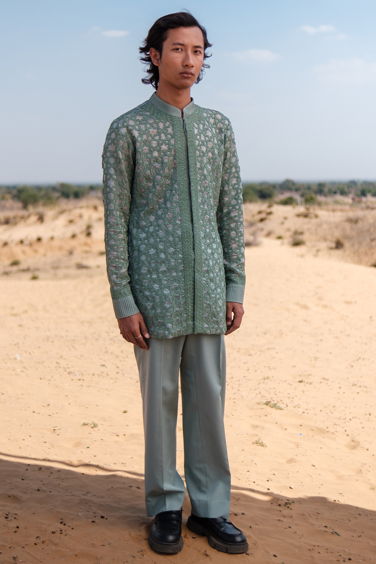 Pistachio Green Organza Beads Embroidered Kurta Set by Amaare