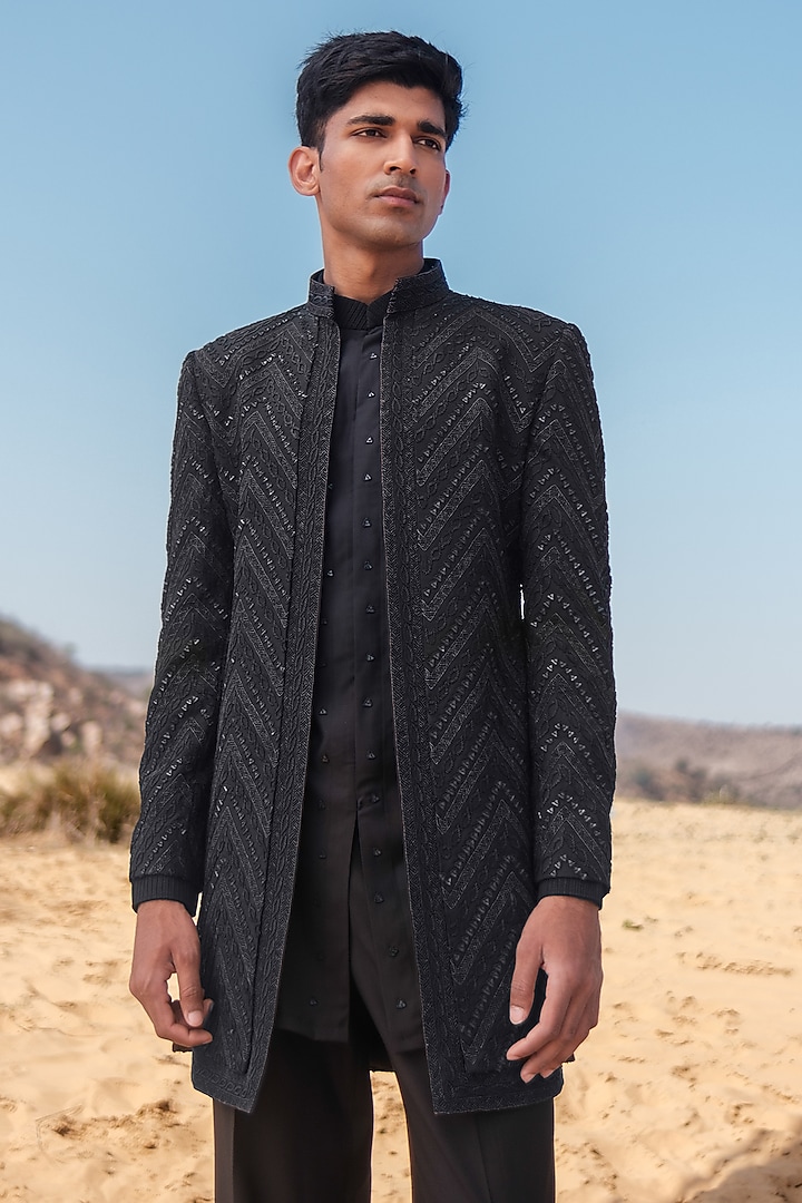 Black Cotton Silk blend Glass Beads Embroidered Indo-Western Set by Amaare at Pernia's Pop Up Shop