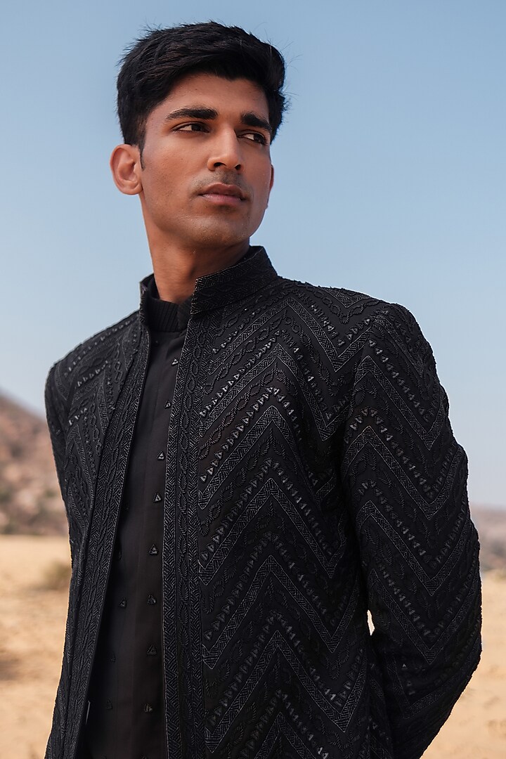 Black Cotton Silk blend Glass Beads Embroidered Indo-Western Set by Amaare at Pernia's Pop Up Shop