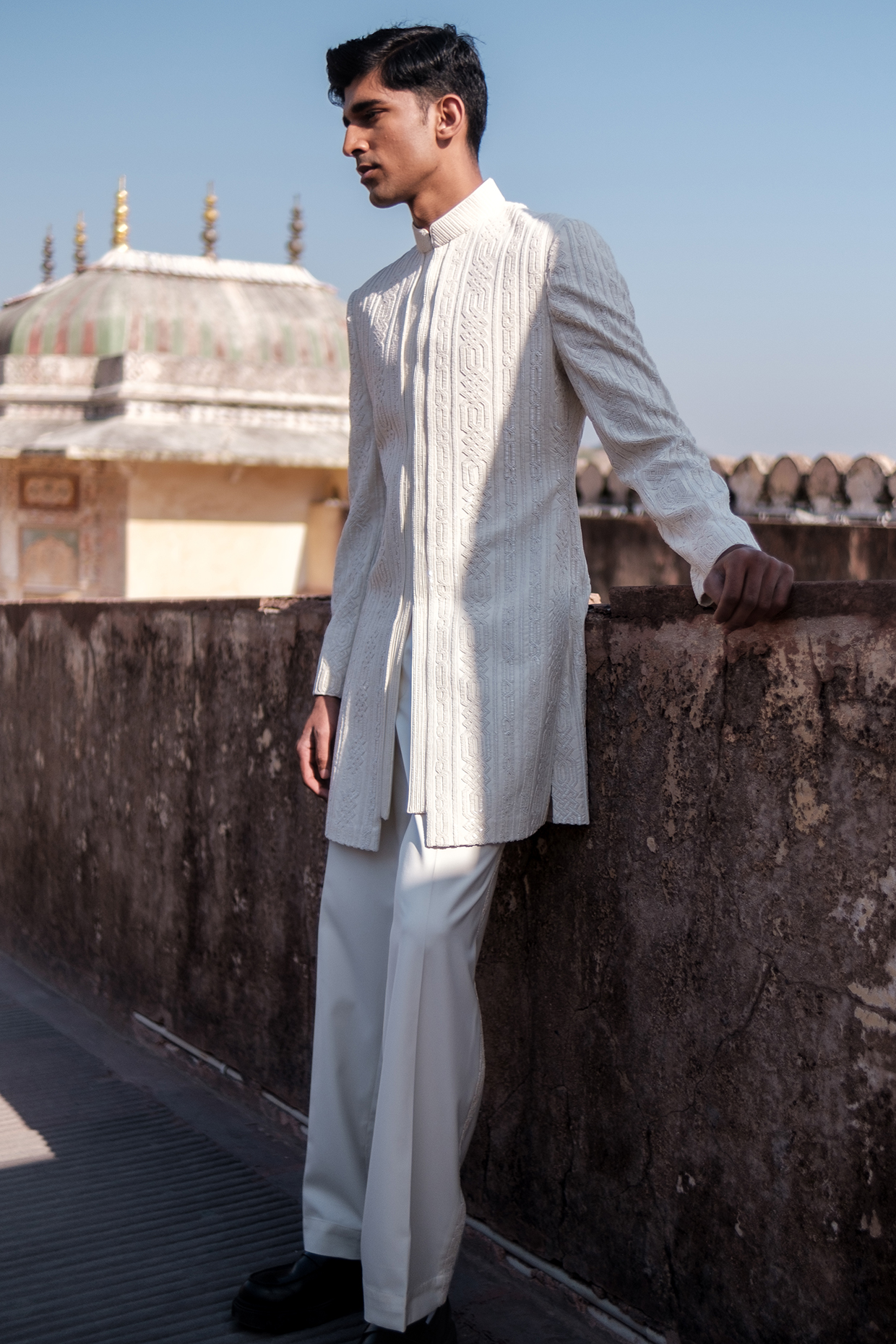 Ivory Cotton Silk blend Glass Beads Embroidered Indo-Western Set by Amaare