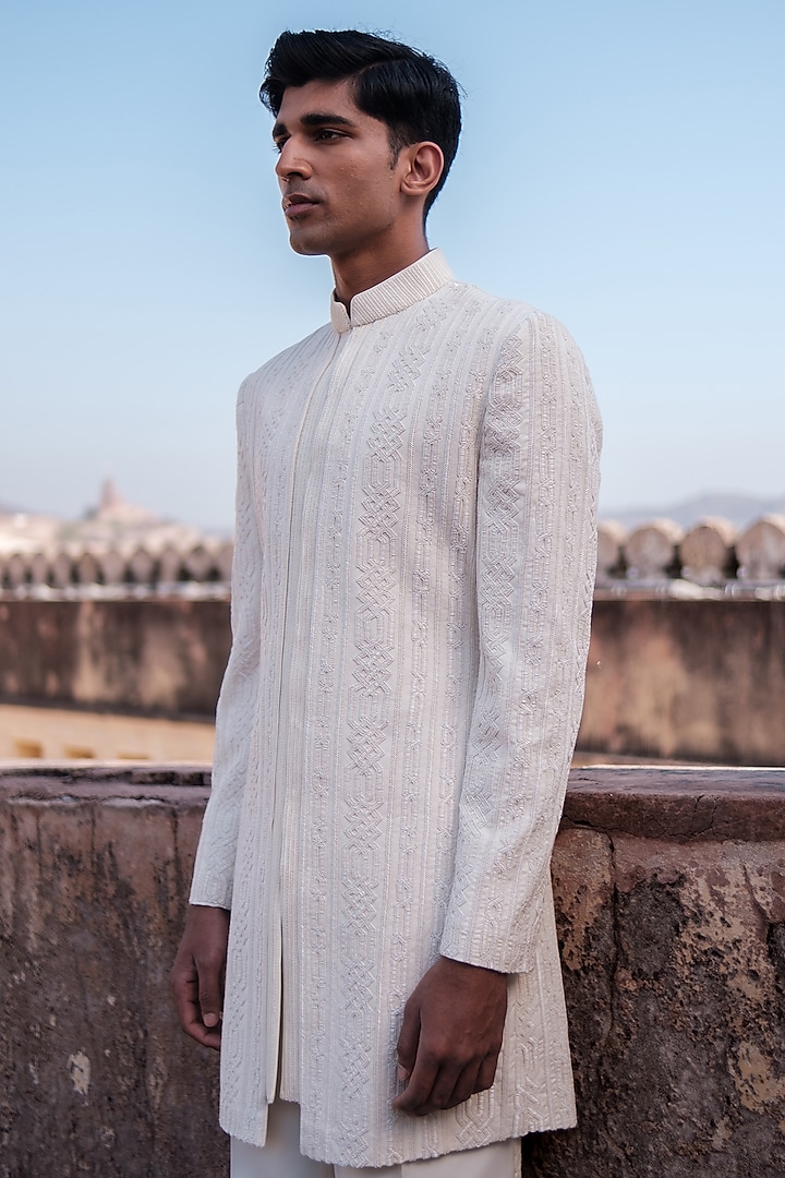 Ivory Cotton Silk blend Glass Beads Embroidered Indo-Western Set by Amaare at Pernia's Pop Up Shop