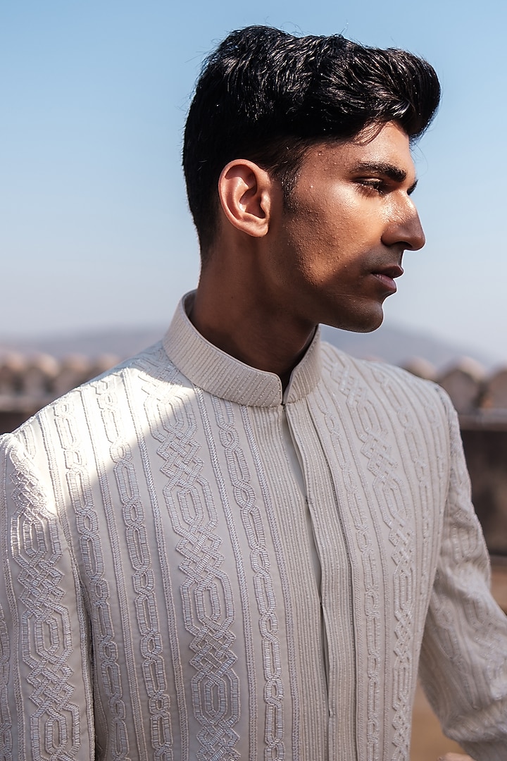 Ivory Cotton Silk blend Glass Beads Embroidered Indo-Western Set by Amaare at Pernia's Pop Up Shop
