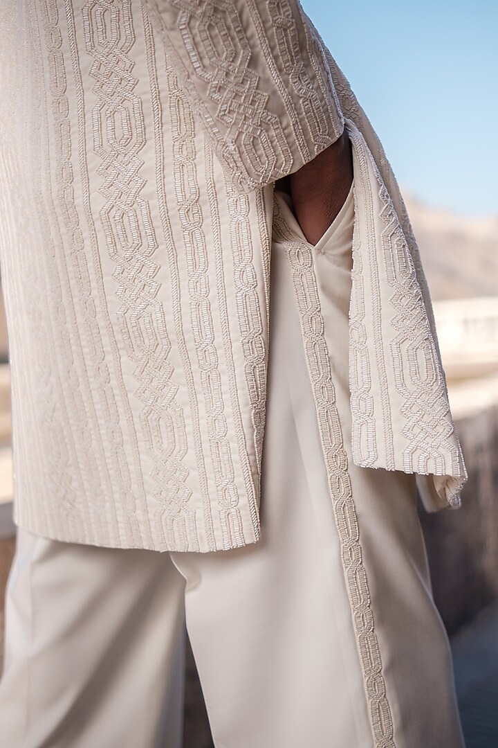 Ivory Cotton Silk blend Glass Beads Embroidered Indo-Western Set by Amaare at Pernia's Pop Up Shop