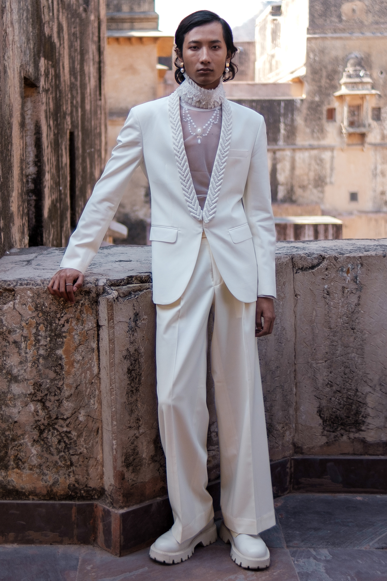 Ivory Cotton Silk blend Beads Embroidered Tuxedo Set by Amaare