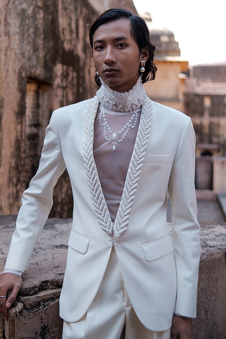 Ivory Cotton Silk blend Beads Embroidered Tuxedo Set by Amaare at Pernia's Pop Up Shop