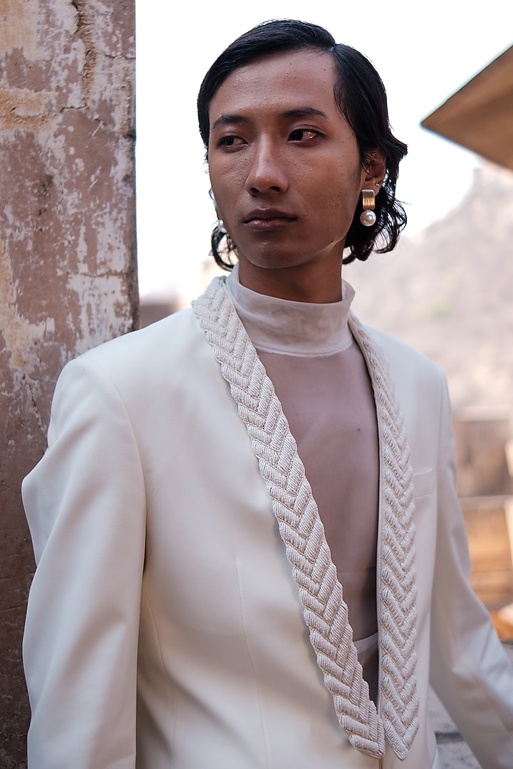 Ivory Cotton Silk blend Beads Embroidered Tuxedo Set by Amaare at Pernia's Pop Up Shop